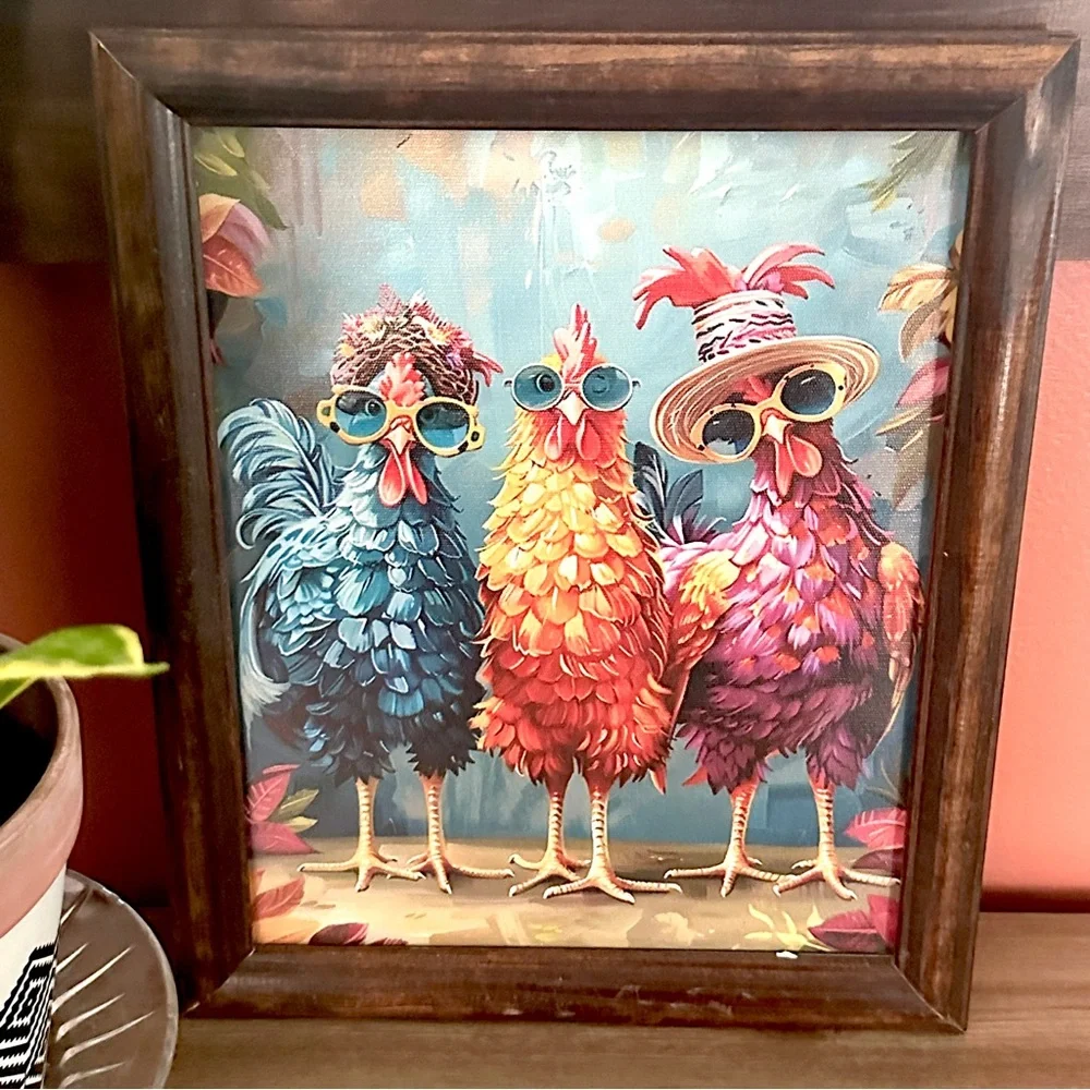 Silly Chicken Squad Hats & Sunglasses Canvas Wall Art Wood Framed Farm Print